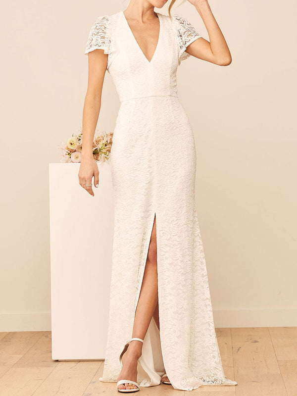 Elegant Engagement Dress V Neck Short Sleeves Backless Natural Waist Floor Length Lace Engagement Dress-Ballbella