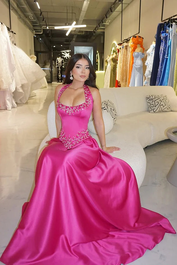 satin fuchsia dress Elegant Halter Sleeveless Prom A-Line Long With Gem Surkova Hot Pink Suede showcasing a sleek mermaid Cettire Designer Colour: 001RUSTICNAVY Size:Adult | 37.5|R