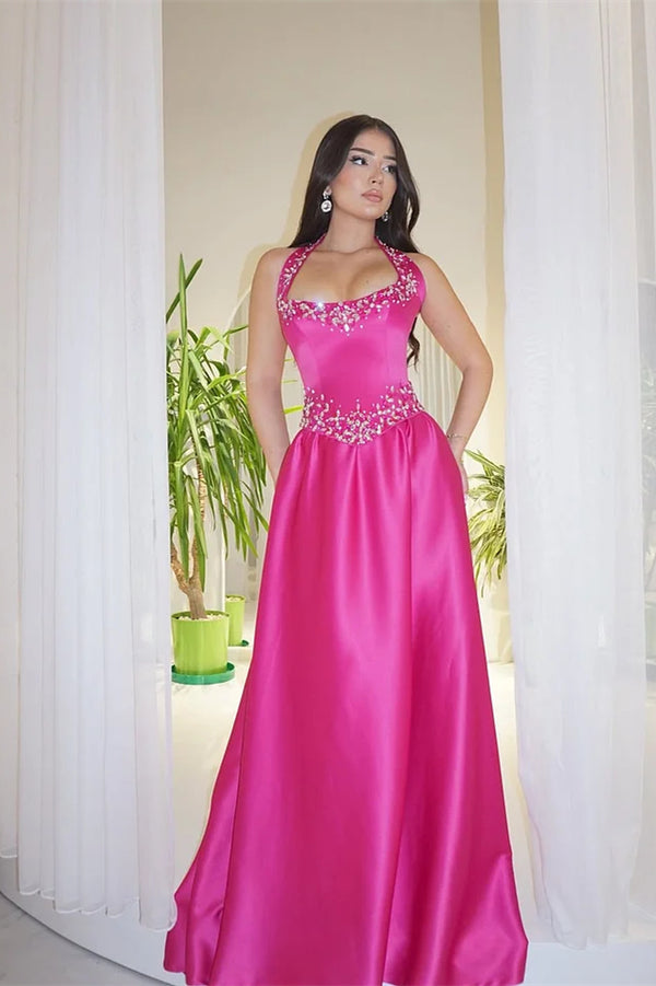 Elegant Fuchsia Halter Sleeveless Satin Prom Dress A-Line Long With Ge Ballbella Elegant Fuchsia Halter Sleeveless Satin Prom Dress A-Line Long With Ge Ballbella