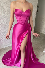 Elegant Fuchsia Sweetheart Long Prom Dress Split With Ruffles-Ballbella
