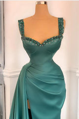 Elegant Green Sweetheart Straps Long Evening Dress With Beadings-Ballbella
