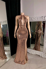 Elegant Halter Sleeveless Mermaid Prom Dresses Column Side Split With Zipper-Ballbella