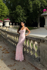 Elegant Heavenly Pink Square Straps Mermaid Prom Dresses Sleeveless With Flower Beads-Ballbella