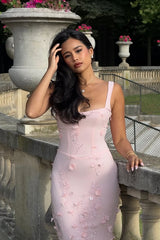 Elegant Heavenly Pink Square Straps Mermaid Prom Dresses Sleeveless With Flower Beads-Ballbella