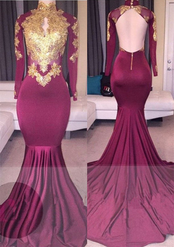 Ballbella offers Elegant High-Neck Long-Sleeves Gold-Appliques Backless Prom Dresses at a cheap price from Stretch Satin to Mermaid hem.. Gorgeous yet affordable Long Sleevess .