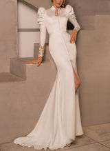 Elegant High Neck Long Sleeves Lace Back Wedding Dresses-Ballbella