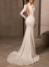 Elegant High Neck Long Sleeves Lace Back Wedding Dresses-Ballbella