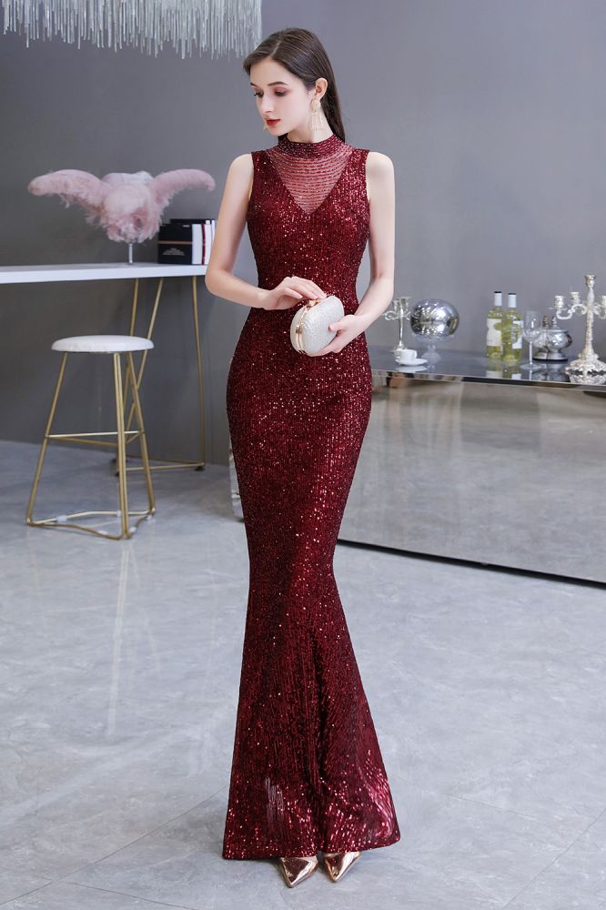 Looking for Prom Dresses, Evening Dresses, Homecoming Dresses, Quinceanera dresses in Tulle, Sequined,  Mermaid style,  and Gorgeous Sequined work? Ballbella has all covered on this elegant Elegant Illusion neck Burgundy Sleeveless Mermaid Prom Dress.