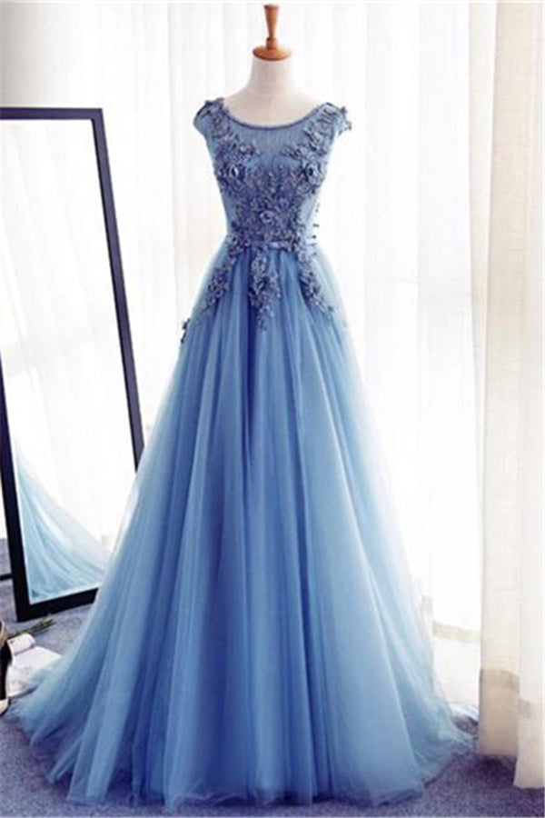 Elegant Illusion Sleeveless Lace Appliques A-line Lace-up Prom Party Gowns-Ballbella