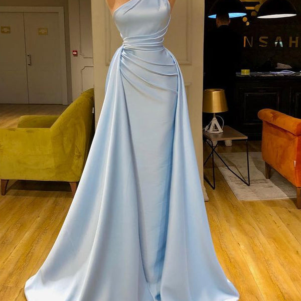 Elegant Light Blue One-shoulder Overskirt Soft-pleated Prom Dress Ballbella Elegant Light Blue One-shoulder Overskirt Soft-pleated Prom Dress Ballbella