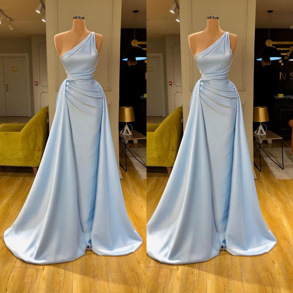 Elegant Light Blue One-shoulder Overskirt Soft-pleated Prom Dress-Ballbella