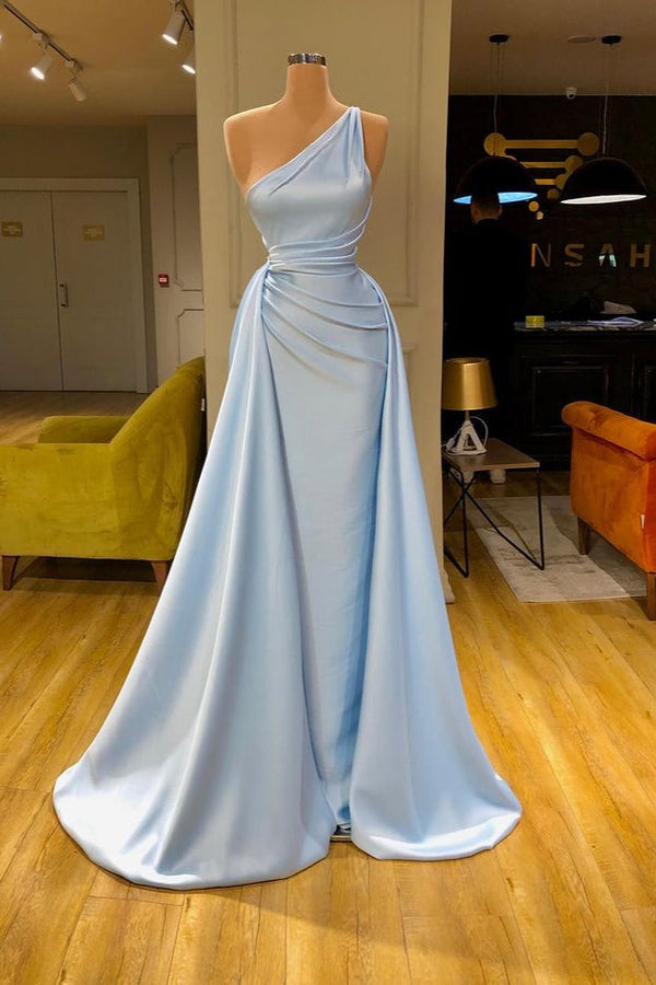 Elegant Light Blue One-shoulder Overskirt Soft-pleated Prom Dress-Ballbella