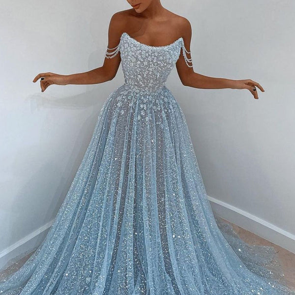blue dress for baby girl V-Neck Light Blue Sequins Mermaid Long Prom Dress – FancyVestido main image 1