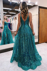 Elegant Long A-line Spaghetti Straps Lace Sleeveless Evening Prom Dresses With Slit-Ballbella