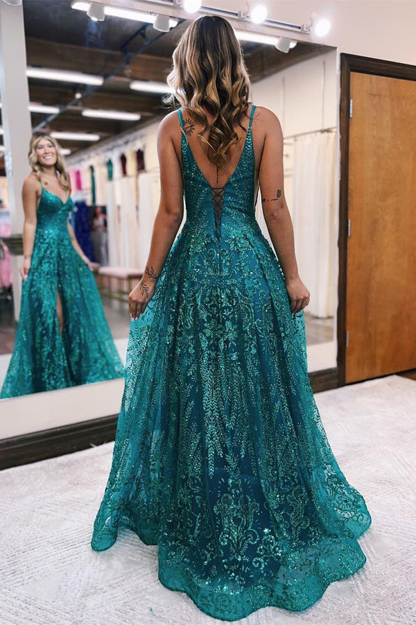 Elegant Long A-line Spaghetti Straps Lace Sleeveless Evening Prom Dresses With Slit-Ballbella