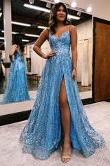 Elegant Long A-line Spaghetti Straps Lace Sleeveless Evening Prom Dresses With Slit-Ballbella