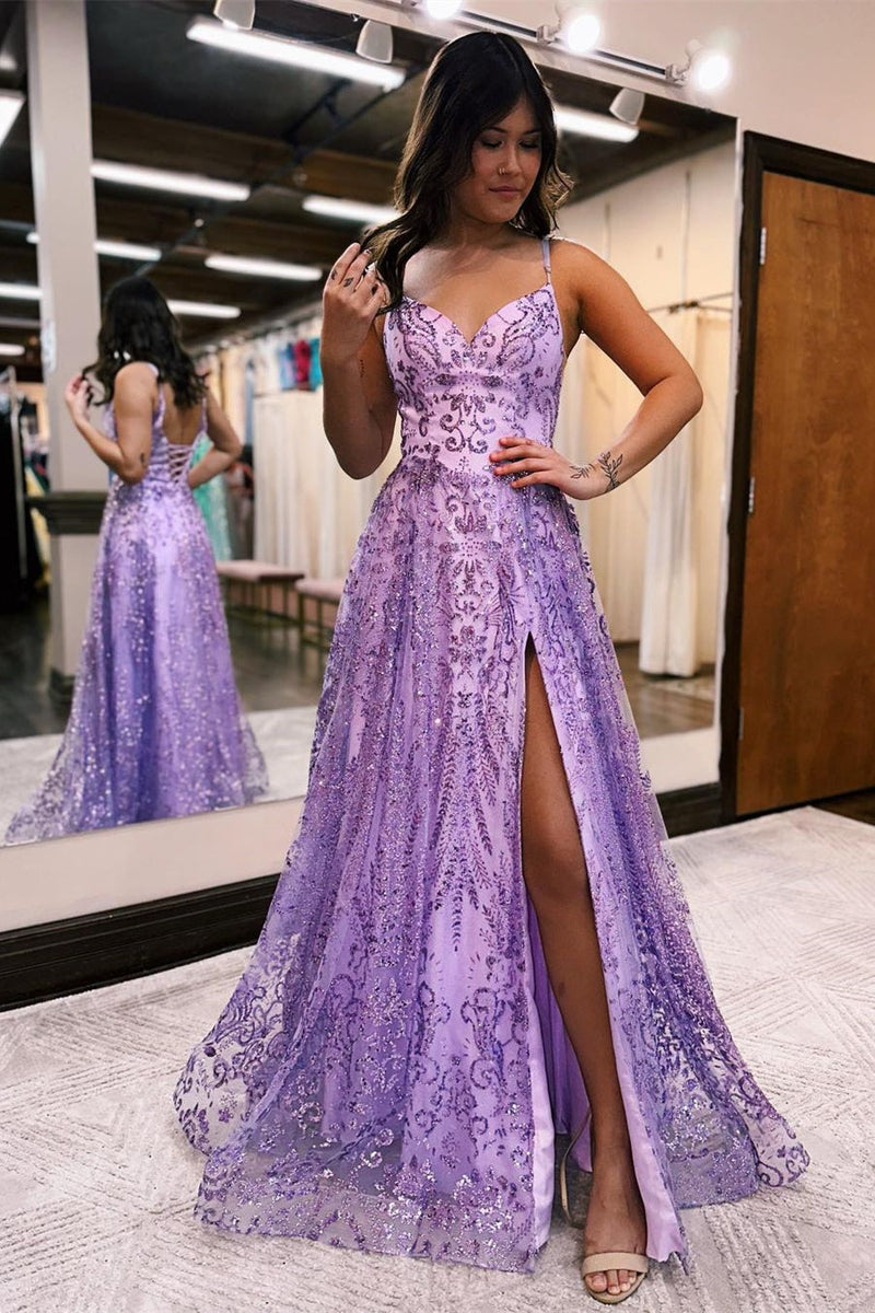 Elegant Long A-line Spaghetti Straps Lace Sleeveless Evening Prom Dresses With Slit-Ballbella