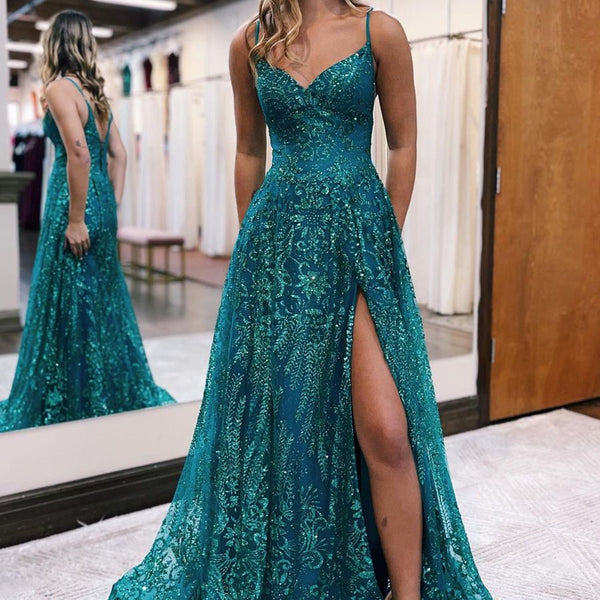 tight prom dresses with slits Fitted Off the Shoulder Dress Slit,Evening Dress with Train, Embroidery Length Green Floor Length Spaghetti Strap
