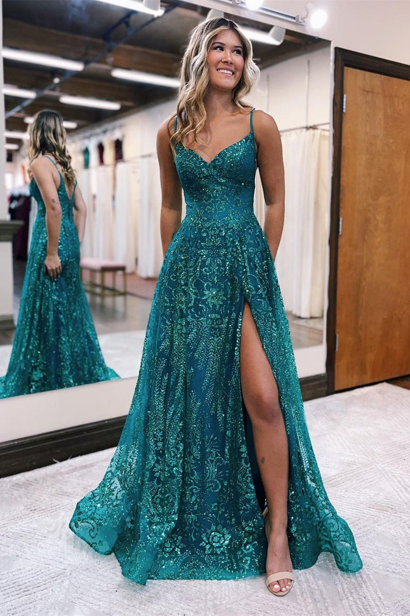 Elegant Long A-line Spaghetti Straps Lace Sleeveless Evening Prom Dresses With Slit-Ballbella