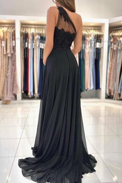 Elegant Long Black Graduation Dresses One Shoulder Lace Prom Dresses With Split Online Elegant Long Black Graduation Dresses One Shoulder Lace Prom Dresses With Split Online