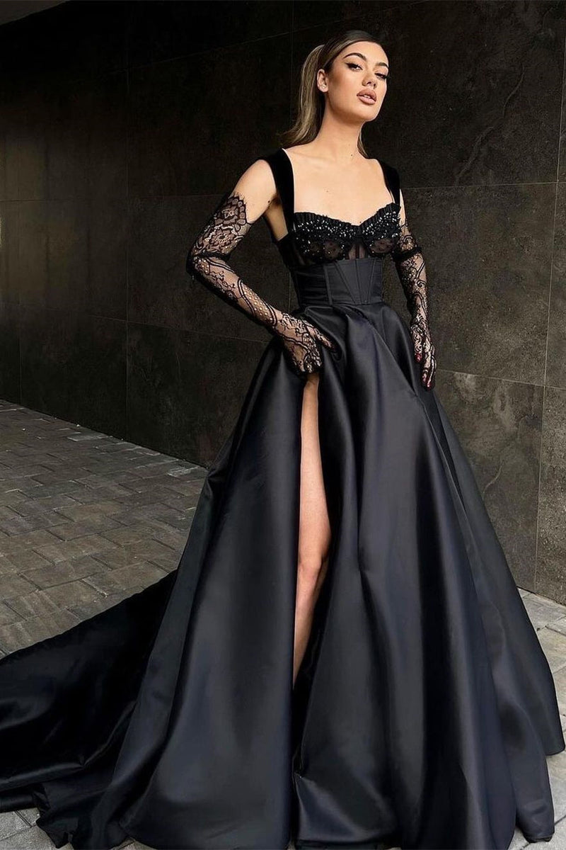 Elegant Long Black Lace Sleeveless Prom Dresses Long Slit Online Elegant Long Black Lace Sleeveless Prom Dresses Long Slit Online