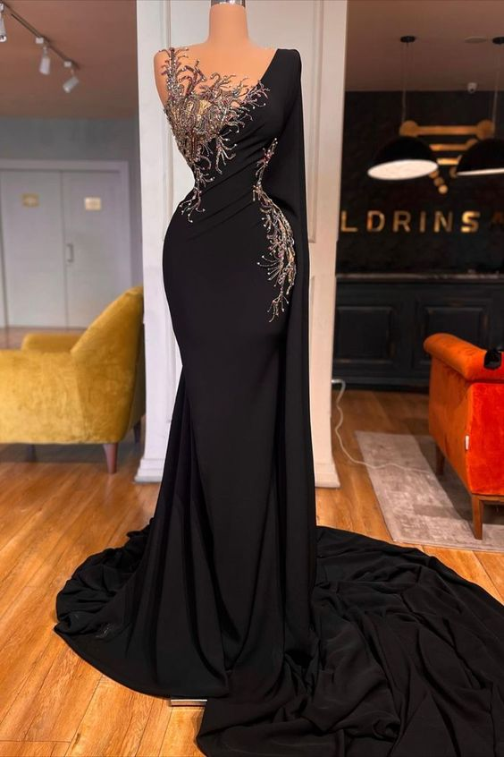 Elegant Long Black Mermaid Beading Lace Prom Dresses-Ballbella