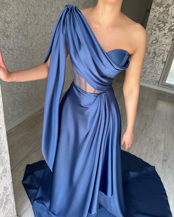 Elegant Long Blue One Shoulder Sleeveless Prom Dresses-Ballbella