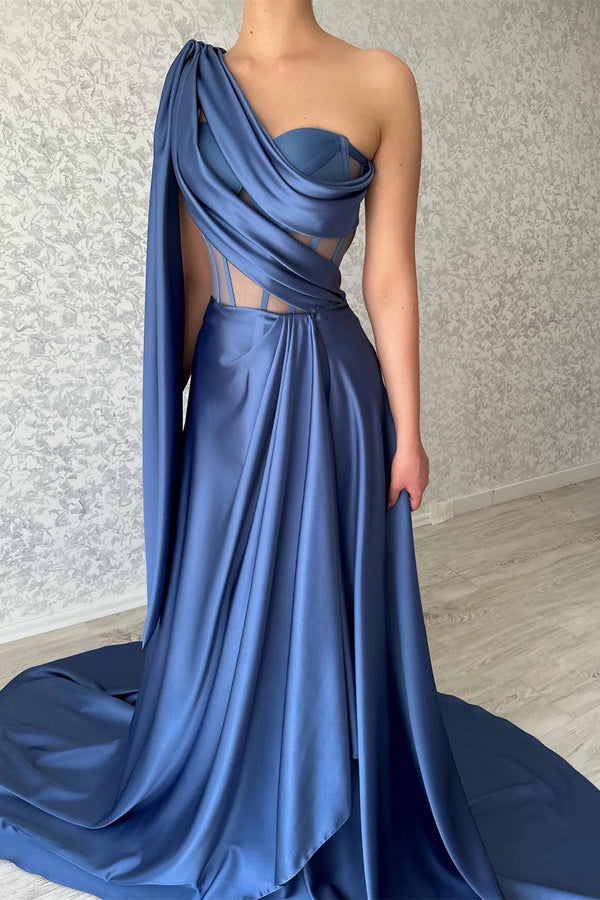 Elegant Long Blue One Shoulder Sleeveless Prom Dresses-Ballbella
