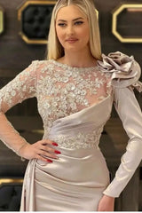 Elegant Long Champagne Mermaid Lace Graduation Dresses With Long Sleeves-Ballbella