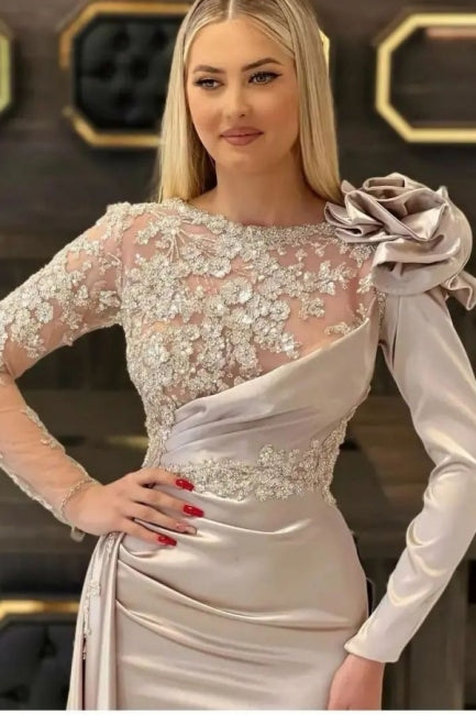 Elegant Long Champagne Mermaid Lace Graduation Dresses With Long Sleeves-Ballbella