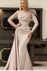 Elegant Long Champagne Mermaid Lace Graduation Dresses With Long Sleeves-Ballbella