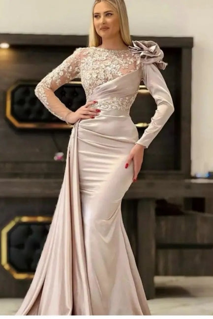 Elegant Long Champagne Mermaid Lace Graduation Dresses With Long Sleeves-Ballbella