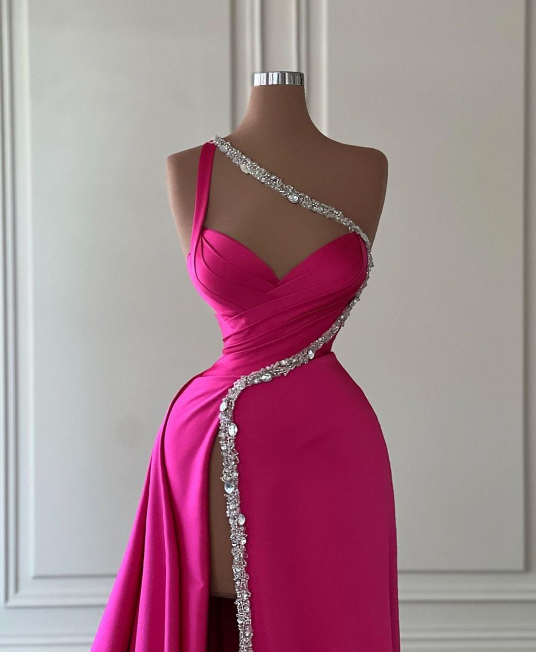 A-Line Fuchsia One Shoulder Keyhole Pleated Metallic Prom Dress with Slit