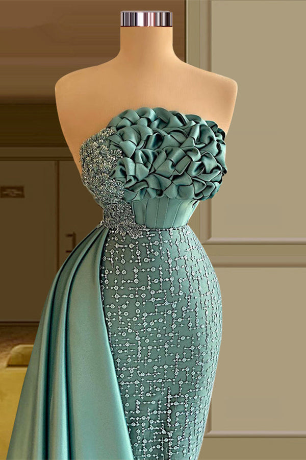 Elegant Long Green Mermaid Sleeveless Beading Prom Dresses With Ruffles Long-Ballbella