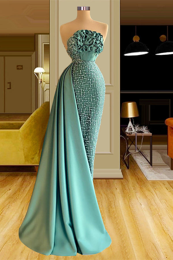 Elegant Long Green Mermaid Sleeveless Beading Prom Dresses With Ruffles Long-Ballbella