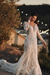 Elegant Long Mermaid Lace Wedding Dresses With Long Sleeves-Ballbella
