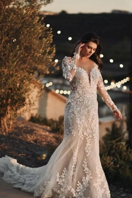 Elegant Long Mermaid Lace Wedding Dresses With Long Sleeves-Ballbella