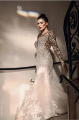 Elegant Long Mermaid Lace Wedding Dresses With Long Sleeves-Ballbella