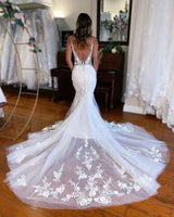 Elegant Long Mermaid V-neck Sleeveless Lace Wedding Dress-Ballbella