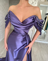 Elegant Long Purple Off-the-Shoulder Sleeveless Prom Dresses Long Slit Online-Ballbella