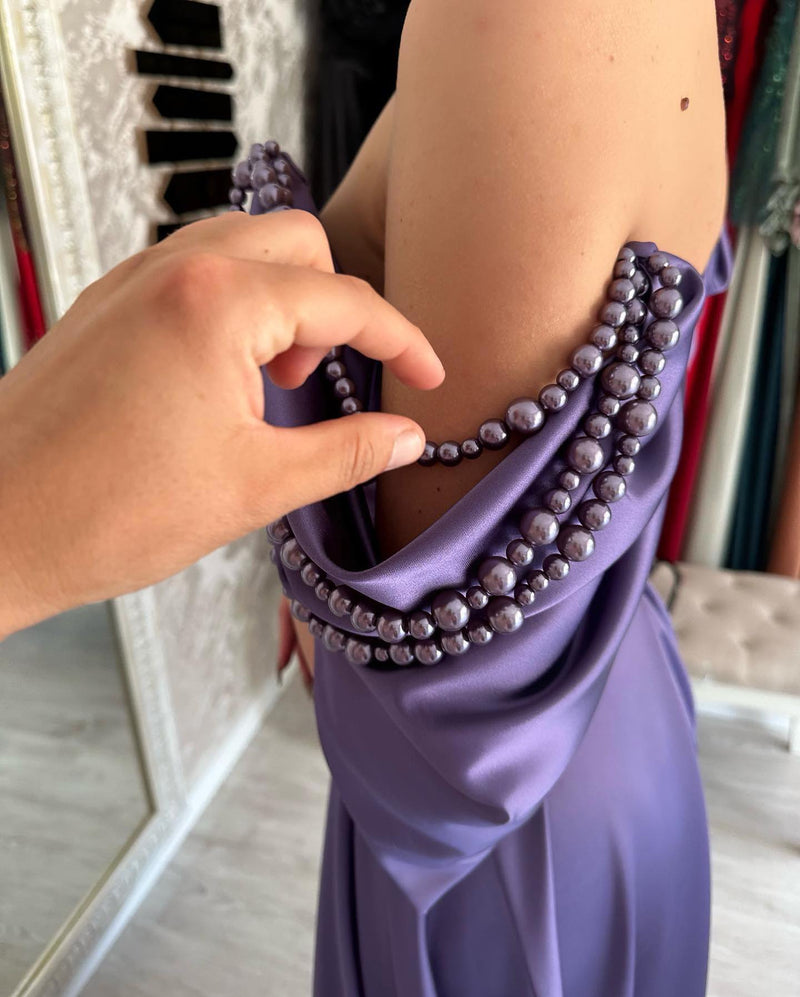Elegant Long Purple Off-the-Shoulder Sleeveless Prom Dresses Long Slit Online-Ballbella
