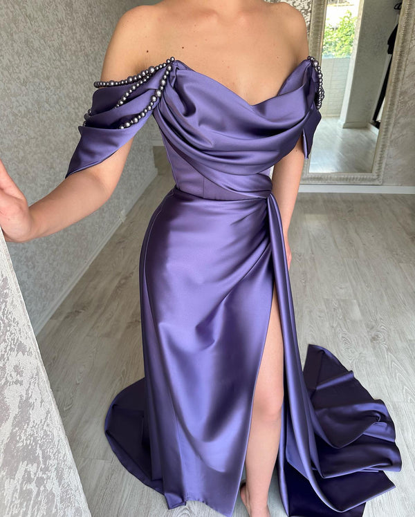 Elegant Long Purple Off-the-Shoulder Sleeveless Prom Dresses Long Slit Online-Ballbella