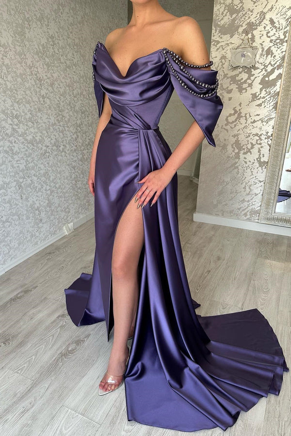Elegant Long Purple Off-the-Shoulder Sleeveless Prom Dresses Long Slit Online-Ballbella