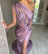 Elegant Long Purple One Shoulder Beading Sleeveless Prom Dresses Long Slit Online-Ballbella