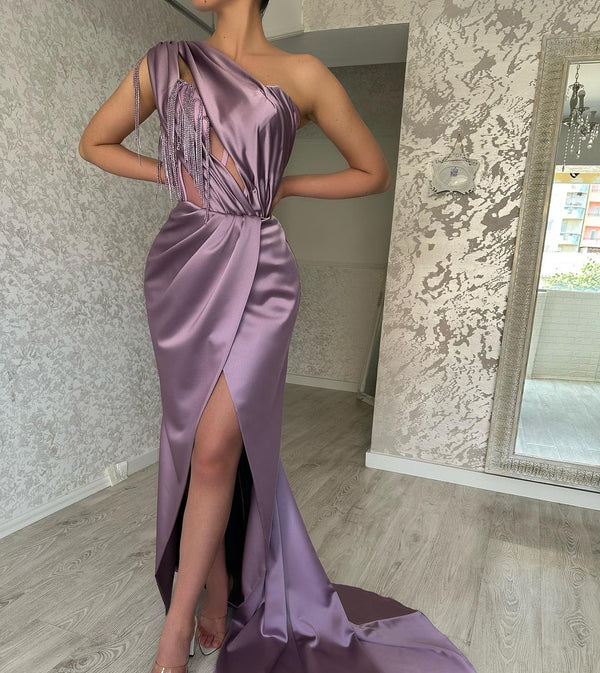 Elegant Long Purple One Shoulder Beading Sleeveless Prom Dresses Long Slit Online-Ballbella