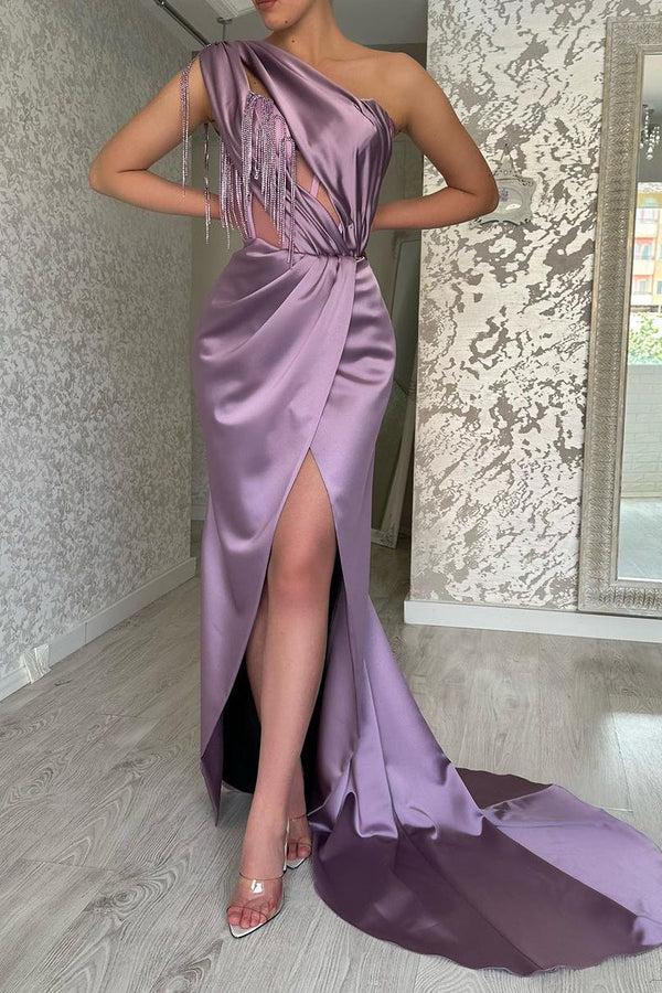 Elegant Long Purple One Shoulder Beading Sleeveless Prom Dresses Long Slit Online-Ballbella