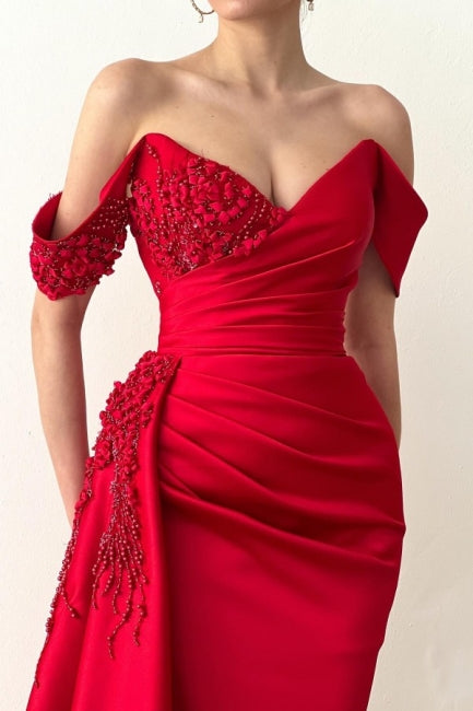 Red Long Evening Dresses Lace Beaded Off Shoulder Mermaid Prom Dresses Party Dresses main image 1