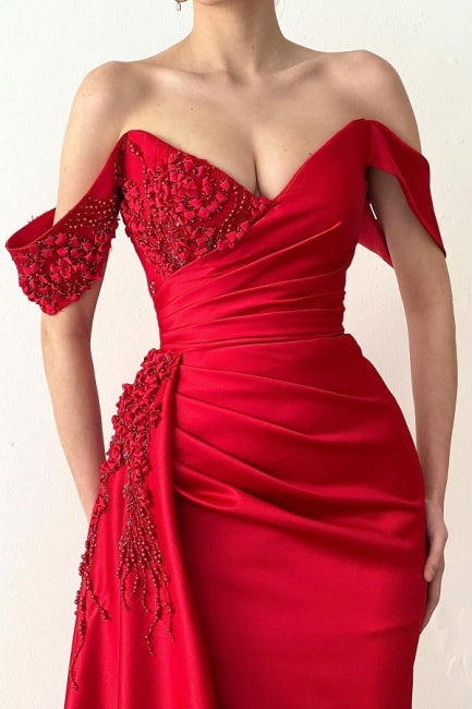 Elegant Long Red Mermaid Off-the-Shoulder Lace Prom Dresses-Ballbella