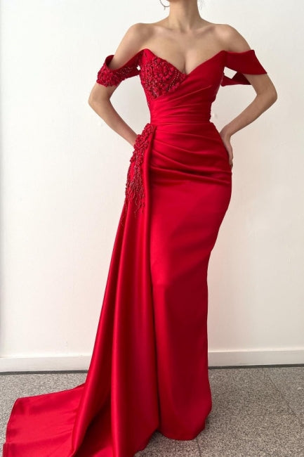 Elegant Long Red Mermaid Off-the-Shoulder Lace Prom Dresses-Ballbella