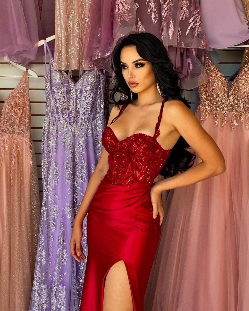 Elegant Long Red Spaghetti Straps Sequins Lace Sleeveless Prom Dresses –  Ballbella